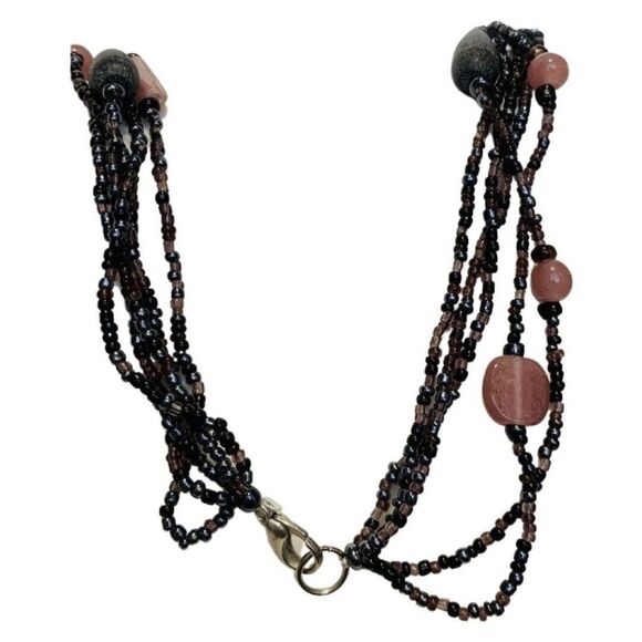 Vintage Pink Black multi 5 Tier Chic Beaded Silver Tone Layered Necklace 24” - Picture 3 of 10